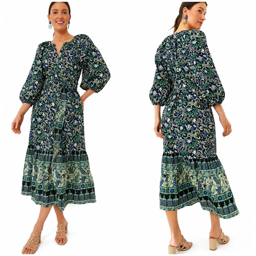 Tuckernuck Batik Floral Lyles Green Blue Puff Sleeve Belted Midi Dress XS New
